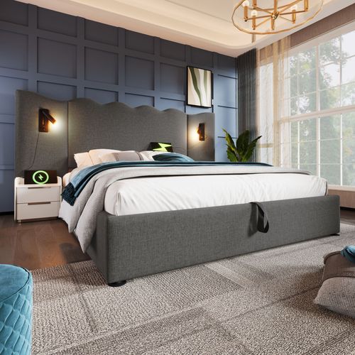 Lit Coffre 180x200 Cm 2 Places Avec Rangement, Ports USB Et Type-c, Lampes LED, Lin Gris