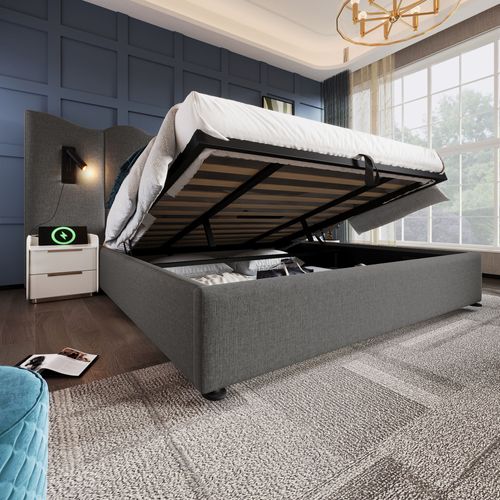 Lit Coffre 180x200 Cm 2 Places Avec Rangement, Ports USB Et Type-c, Lampes LED, Lin Gris