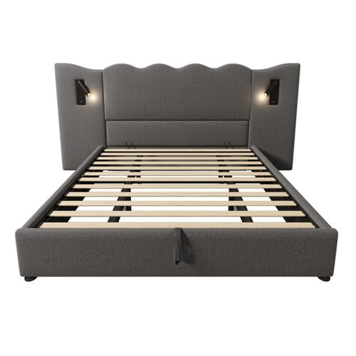 Lit Coffre 180x200 Cm 2 Places Avec Rangement, Ports USB Et Type-c, Lampes LED, Lin Gris