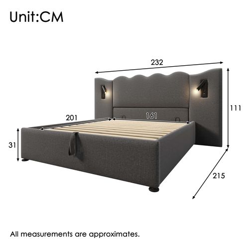 Lit Adulte 160x200 Cm Avec Rangement Hydraulique, Lampes LED Et Ports USB/type-c, Lin Gris