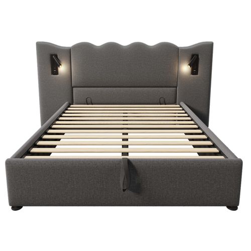 Lit Adulte 160x200 Cm Avec Rangement Hydraulique, Lampes LED Et Ports USB/type-c, Lin Gris