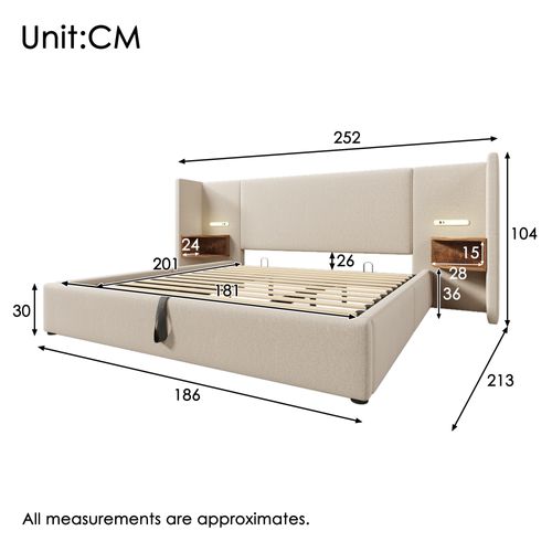 Lit Coffre 180x200 Cm Lin Beige Avec Rangement, 2 Tables De Chevet, Ports USB Et Lampes LED