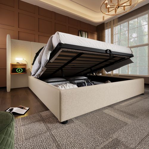Lit Coffre 180x200 Cm Lin Beige Avec Rangement, 2 Tables De Chevet, Ports USB Et Lampes LED