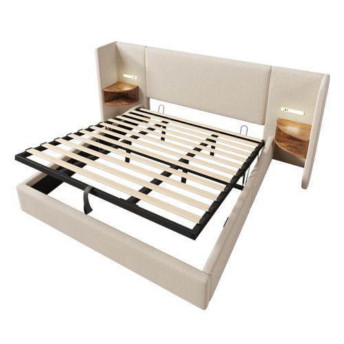 Lit Coffre 180x200 Cm Lin Beige Avec Rangement, 2 Tables De Chevet, Ports USB Et Lampes LED