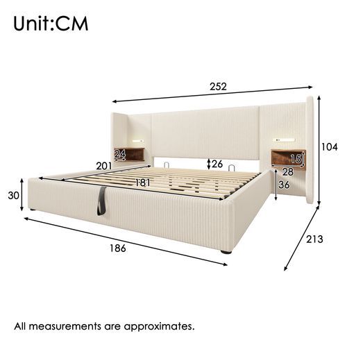 Lit Adulte Coffre 180x200cm Avec Lampes LED, Chevets Et Ports USB, Velours Côtelé Beige