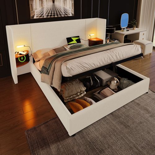 Lit Adulte Coffre 180x200cm Avec Lampes LED, Chevets Et Ports USB, Velours Côtelé Beige