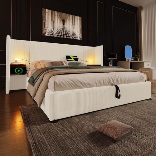 Lit Adulte Coffre 180x200cm Avec Lampes LED, Chevets Et Ports USB, Velours Côtelé Beige