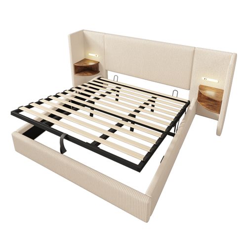 Lit Adulte Coffre 180x200cm Avec Lampes LED, Chevets Et Ports USB, Velours Côtelé Beige