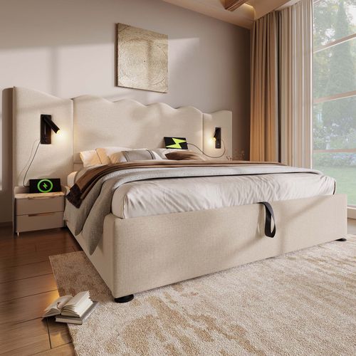 Lit Coffre Double 180x200 Cm, Lit Adulte, LED Et Port USB, Type-c, 3 Niches, Rangement, Lin Beige - Lit Double