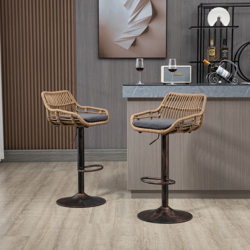 Lot De 2 Tabourets De Bar Réglables Pivotants 49x48x89-109 Cm Lin Gris Et Rotin Pe
