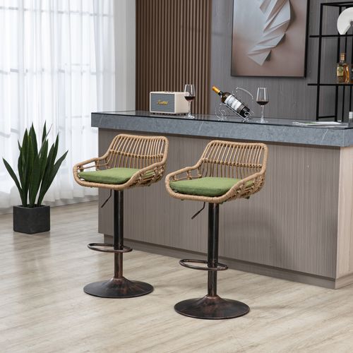 Lot De 2 Tabourets De Bar Réglables Pivotants 49x48x89-109 Cm Lin Vert Et Rotin Pe
