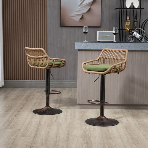 Lot De 2 Tabourets De Bar Réglables Pivotants 49x48x89-109 Cm Lin Vert Et Rotin Pe