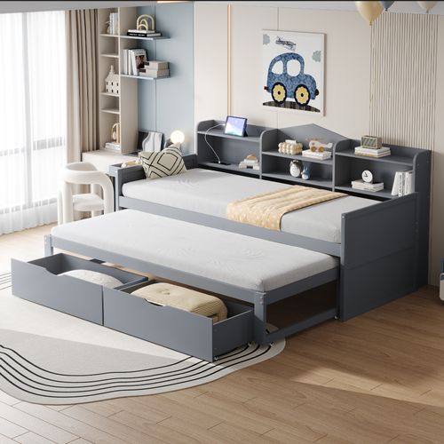 Lit Enfant Gigogne 90x200 Cm Avec 2 Tiroirs, Grand Rangement, Port USB, Bois Gris