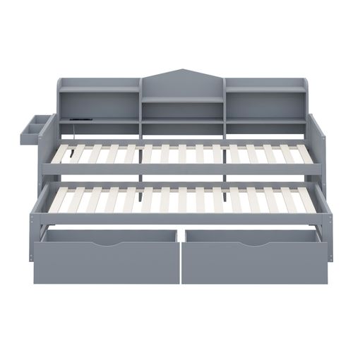 Lit Enfant Gigogne 90x200 Cm Avec 2 Tiroirs, Grand Rangement, Port USB, Bois Gris