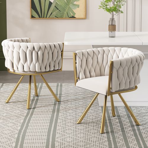 Lot De 6 Chaises Rotatives 360° En Velours Beige, Pieds Métal Doré