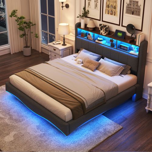 Lit Adulte LED 160x200cm Ports USB/Type-c, Compartiment De Rangement, Lin Gris