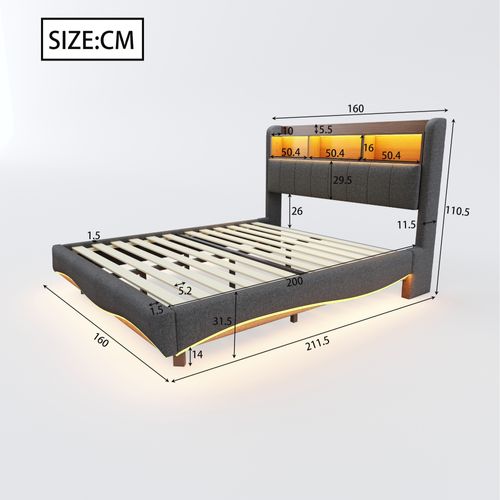 Lit Adulte LED 160x200cm Ports USB/Type-c, Compartiment De Rangement, Lin Gris