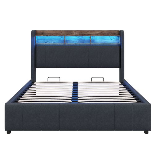 Lit Coffre 140x200 Cm En Lin Gris, LED, Ports USB/type-c, Avec Rangements Hydrauliques