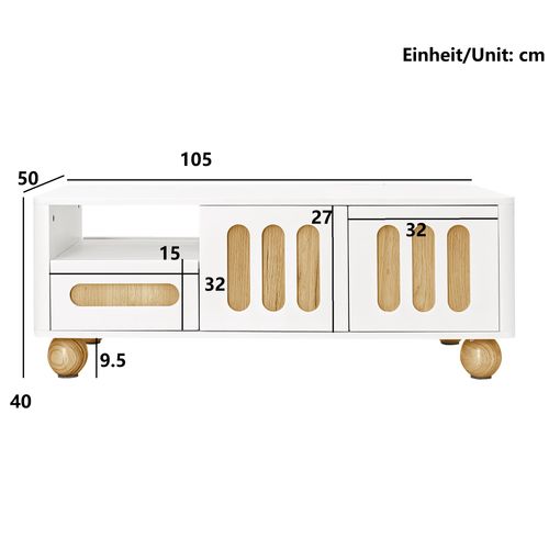Table Basse LED 105x50x40 Cm Blanc Et Aspect Bois, 4 Portes 2 Tiroirs Et Niche, Rangement Salon