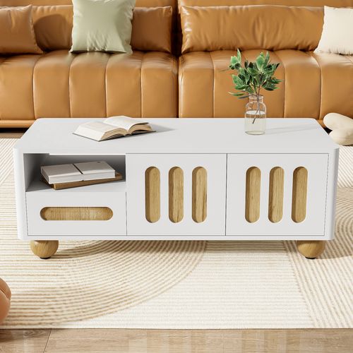 Table Basse LED 105x50x40 Cm Blanc Et Aspect Bois, 4 Portes 2 Tiroirs Et Niche, Rangement Salon