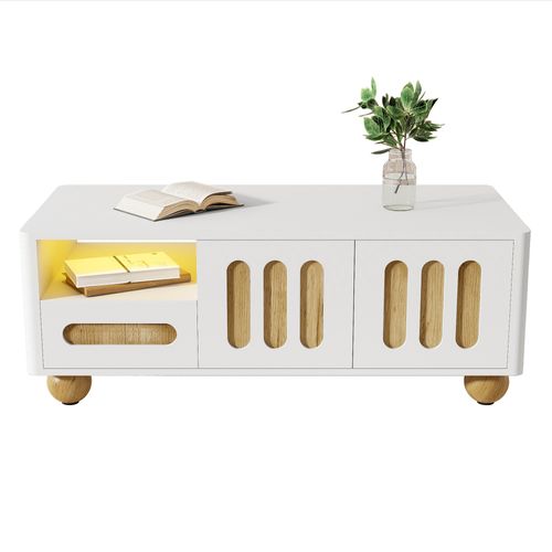 Table Basse LED 105x50x40 Cm Blanc Et Aspect Bois, 4 Portes 2 Tiroirs Et Niche, Rangement Salon