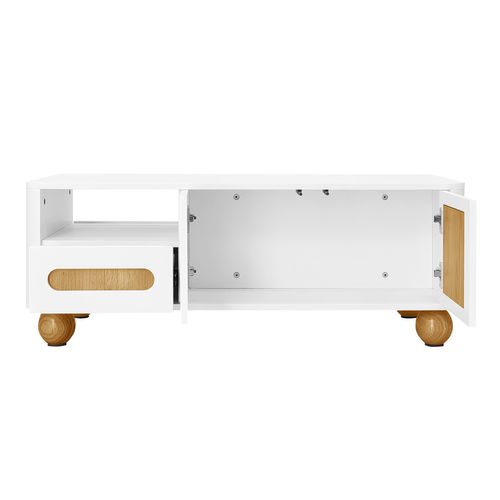 Table Basse LED 105x50x40 Cm Blanc Et Aspect Bois, 4 Portes 2 Tiroirs Et Niche, Rangement Salon
