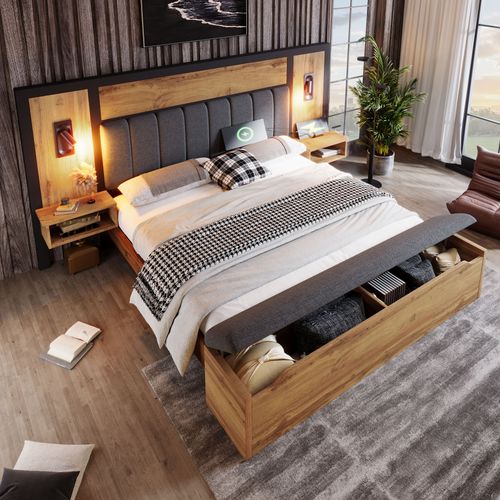 Lit Adulte 160x200 Cm Métal Et Bois Chêne, Lin, Banquette De Rangement, Lampes LED, Ports USB