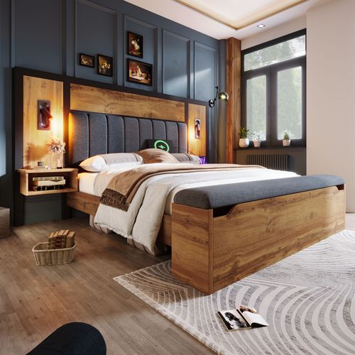 Lit Adulte 160x200 Cm Métal Et Bois Chêne, Lin, Banquette De Rangement, Lampes LED, Ports USB
