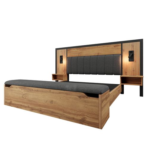 Lit Adulte 160x200 Cm Métal Et Bois Chêne, Lin, Banquette De Rangement, Lampes LED, Ports USB