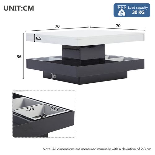 Table Basse Carrée 70x70x36 Cm Plateau Blanc Brillant, Piétement Noir, Rotation 360° Avec Rangement