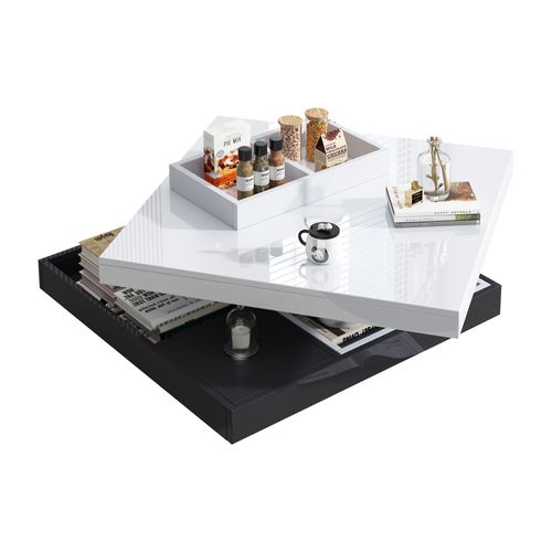 Table Basse Carrée 70x70x36 Cm Plateau Blanc Brillant, Piétement Noir, Rotation 360° Avec Rangement