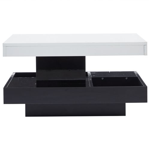 Table Basse Carrée 70x70x36 Cm Plateau Blanc Brillant, Piétement Noir, Rotation 360° Avec Rangement
