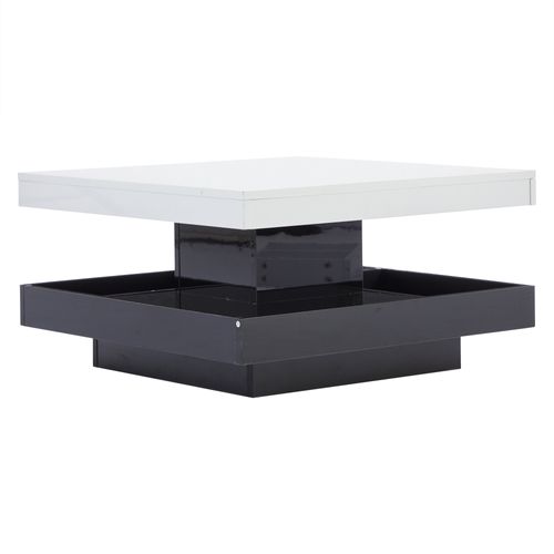 Table Basse Carrée 70x70x36 Cm Plateau Blanc Brillant, Piétement Noir, Rotation 360° Avec Rangement