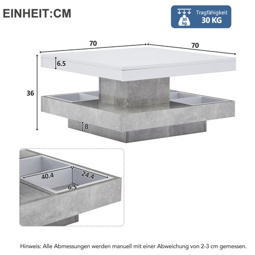 Table Basse Carrée Double Plateau 70x70x36 Cm, Plateau 360° Blanc, Socle Couleur Marbre
