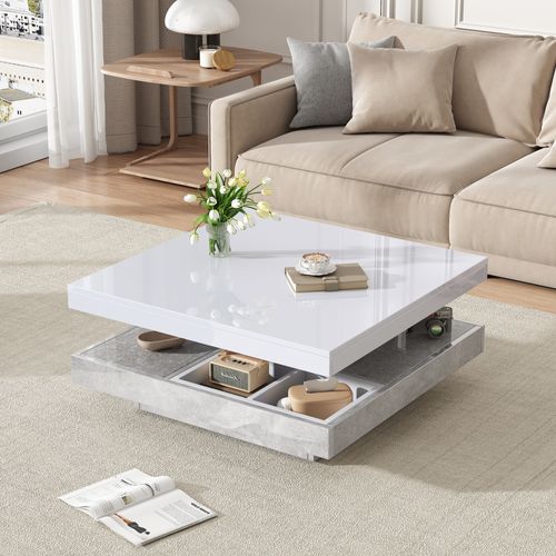 Table Basse Carrée Double Plateau 70x70x36 Cm, Plateau 360° Blanc, Socle Couleur Marbre