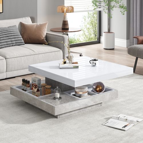 Table Basse Carrée Double Plateau 70x70x36 Cm, Plateau 360° Blanc, Socle Couleur Marbre