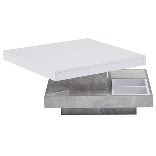 Table Basse Carrée Double Plateau 70x70x36 Cm, Plateau 360° Blanc, Socle Couleur Marbre