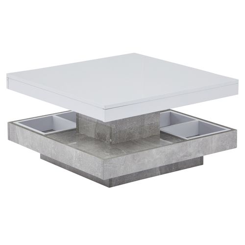 Table Basse Carrée Double Plateau 70x70x36 Cm, Plateau 360° Blanc, Socle Couleur Marbre