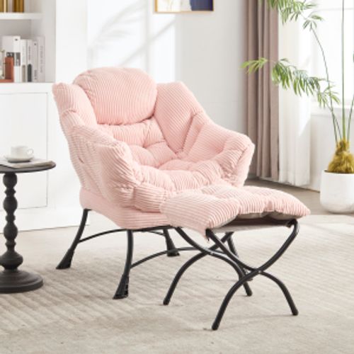 Fauteuil Lounge Avec Repose-pieds, Tissu Flanelle Rose, Cadre En Acier