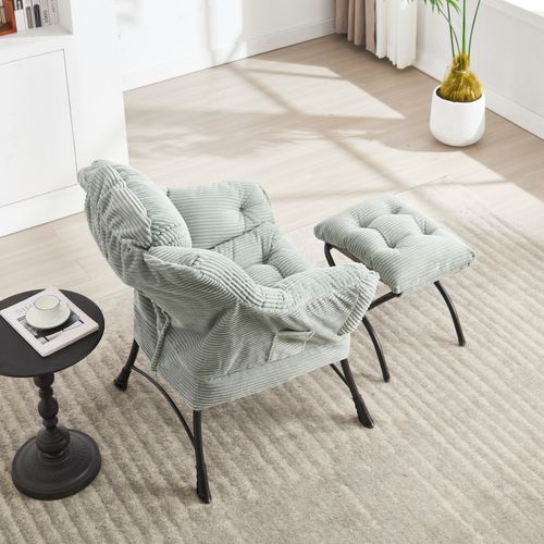 Fauteuil Lounge Avec Repose-pieds, Tissu Flanelle Vert Clair, Cadre En Acier