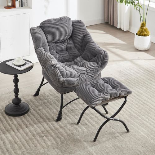 Fauteuil Lounge Avec Ottoman, Tissu Flanelle Gris, Cadre En Acier