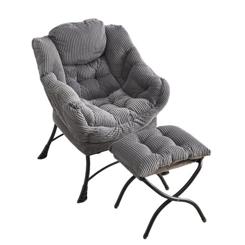 Fauteuil Lounge Avec Ottoman, Tissu Flanelle Gris, Cadre En Acier