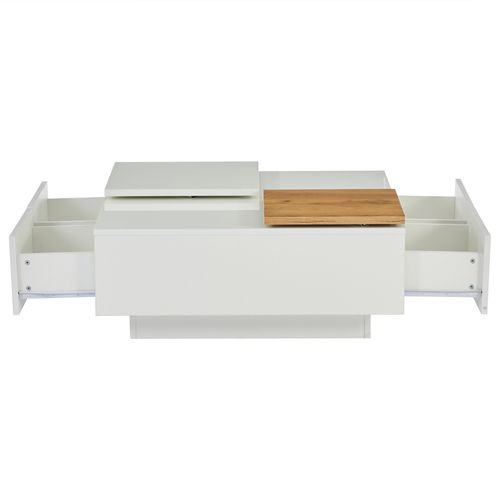 Table Basse Carrée Blanche Laquée 75x75x33,5 Cm Avec 4 Tiroirs Et Plateaux Coulissants