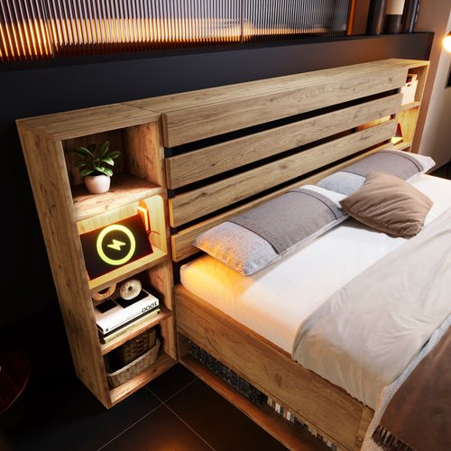 Lit Adulte 160x200 Cm En Bois Chêne Et Métal, Tête Avec LED Et Ports USB, Tiroir Et Rangements