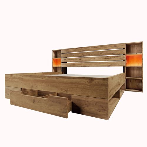 Lit Adulte 160x200 Cm En Bois Chêne Et Métal, Tête Avec LED Et Ports USB, Tiroir Et Rangements
