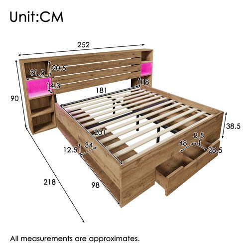 Lit Adulte 180x200 Cm En Bois Et Métal Avec Tiroir Et Rangements, LED, Ports USB/type-c