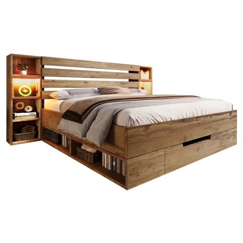 Lit Adulte 180x200 Cm En Bois Et Métal Avec Tiroir Et Rangements, LED, Ports USB/type-c