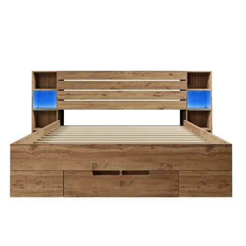 Lit Adulte 180x200 Cm En Bois Et Métal Avec Tiroir Et Rangements, LED, Ports USB/type-c