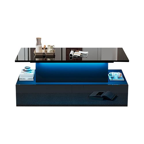 Table Basse LED 90x55x41 Cm, 4 Tiroirs, Rangement Secret, Noir Laqué
