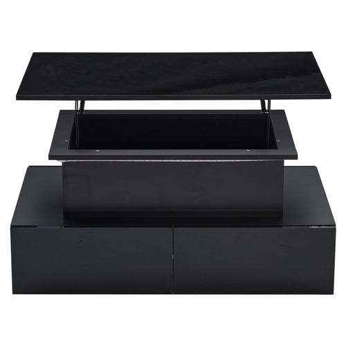 Table Basse LED 90x55x41 Cm, 4 Tiroirs, Rangement Secret, Noir Laqué